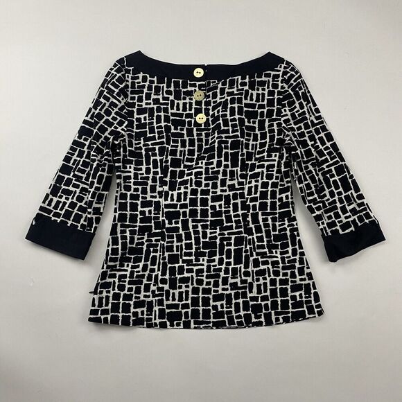 Ann Taylor Black White Geometric Print Blouse Boat Neck Side Zip Back Buttons 4 - Picture 11 of 12